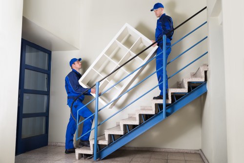 Storage unit access area with clear walkways and safety signage