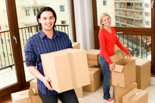 Packed student boxes and seasonal items ready for storage in Battersea